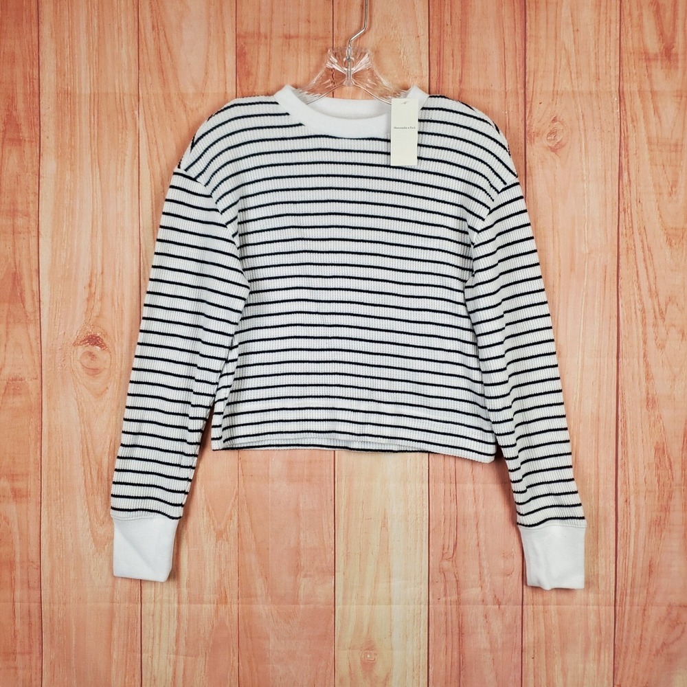 Abercrombie + Fitch Womens Sweater 2XS White Striped Crew Long‎ Sleeve Pullover